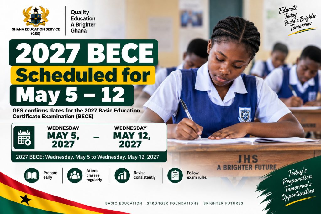 Ghanaian JHS students sit for an examination as a GES poster announces that the 2027 BECE is scheduled for May 5 to May 12, 2027.
