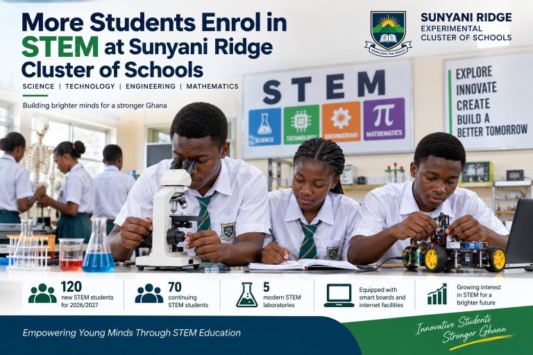 Ghanaian students conduct STEM activities at Sunyani Ridge Experimental Cluster of Schools, highlighting increased STEM enrolment and modern laboratory facilities.
