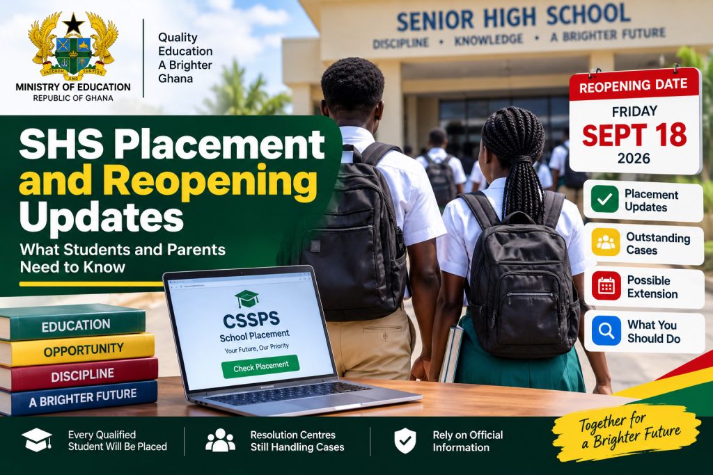 Ghanaian SHS students prepare to return to school as the 2026 SHS placement process continues, with outstanding cases being addressed and September 18, 2026 set as the reopening date.