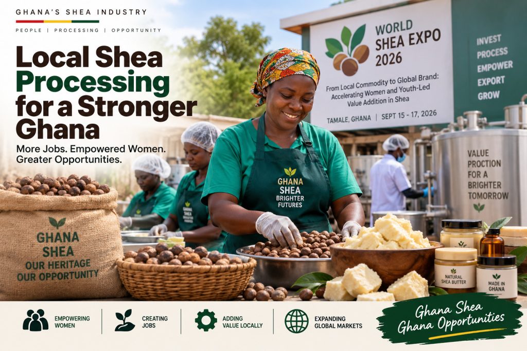 Ghanaian women process shea nuts at a local facility as the government promotes local shea processing, women’s empowerment, job creation and value addition in Ghana.