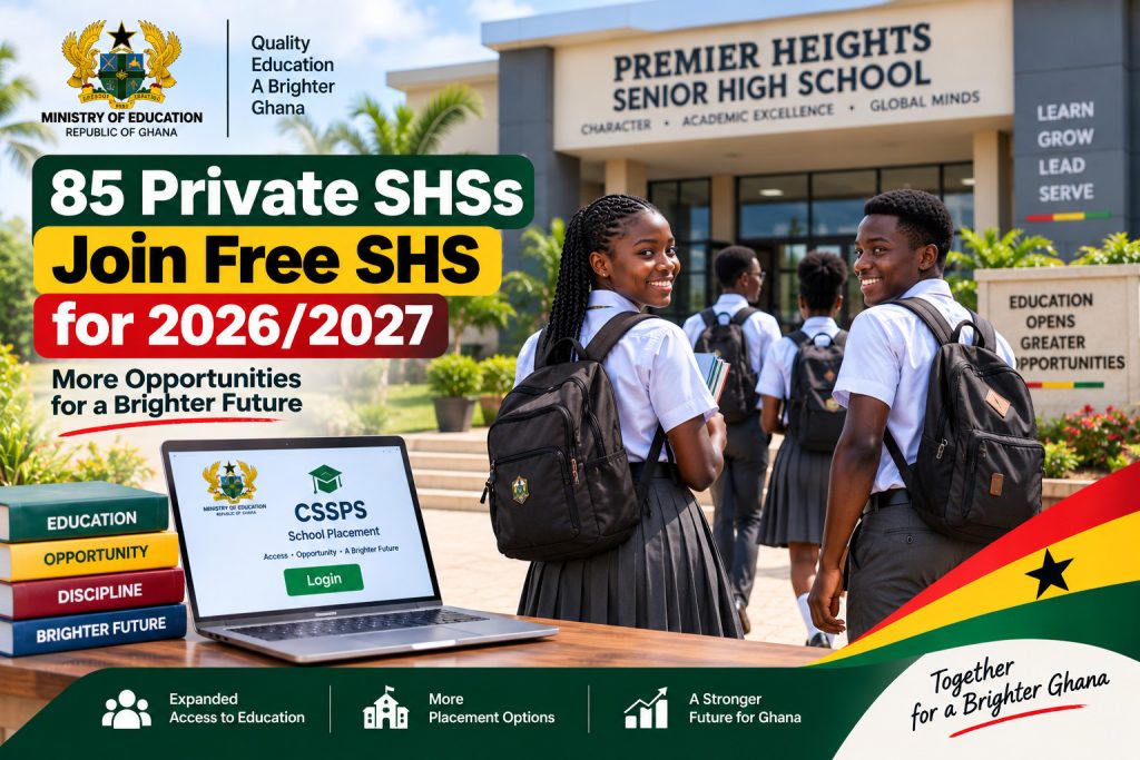 Ghanaian SHS students arrive at a modern school as 85 private Senior High Schools join the Free SHS Programme for the 2026/2027 academic year, creating more placement opportunities for students.