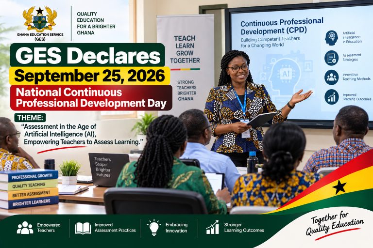 GES National Continuous Professional Development Day 2026 poster featuring Ghanaian teachers in a training session focused on assessment and artificial intelligence.