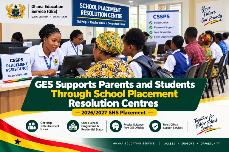 GES officials assist parents and students at a School Placement Resolution Centre with 2026/2027 SHS placement concerns and CSSPS guidance.