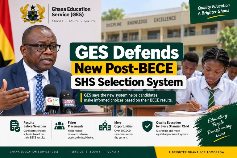 Ghana Education Service official addresses the media as students study in a classroom, illustrating the new post-BECE SHS selection system and GES efforts to improve school placement.