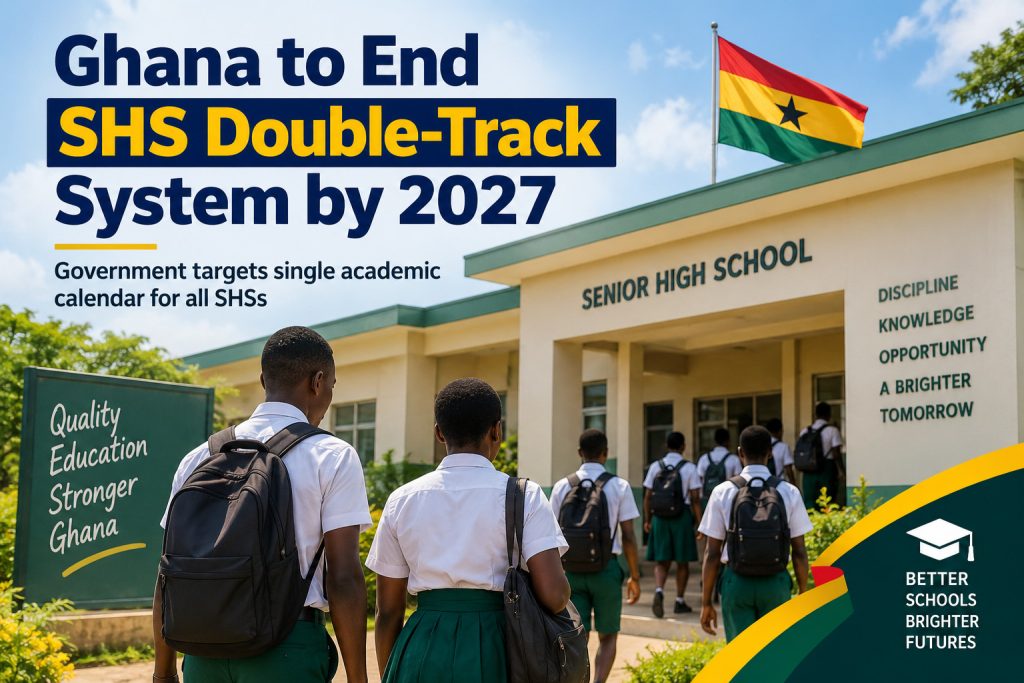 Ghanaian SHS students walking into school with Ghana flag and headline about ending the double-track system by 2027.